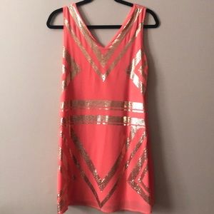 Coral and Gold Geometric Dress
